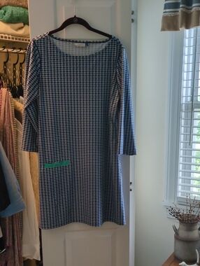 Cabana Life Blue Patterned 3/4 Sleeve Dress with Green Trimmed Pocket UPF 50+